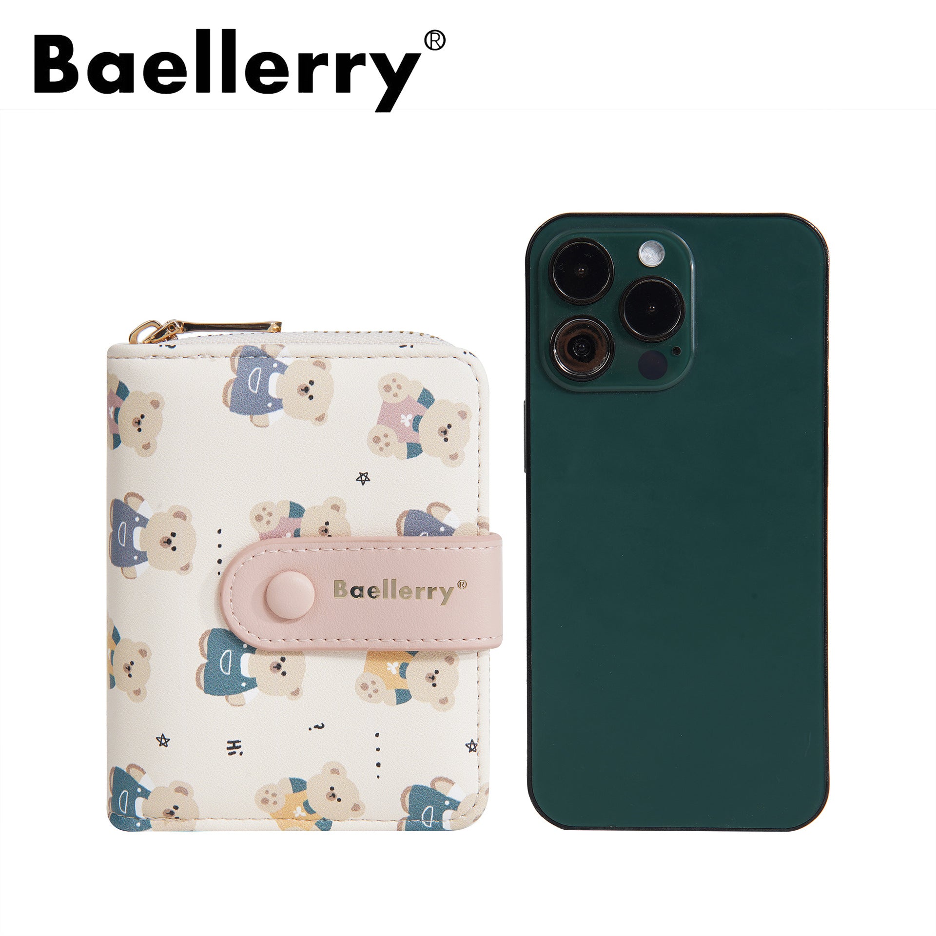 Baellerry Women' Wallet with Bear Print - Short Zipper Coin Purse & Card Holder, Multi-Slot Cash Pocket Suitable for, Travel, Everyday, Compact (\u002F)