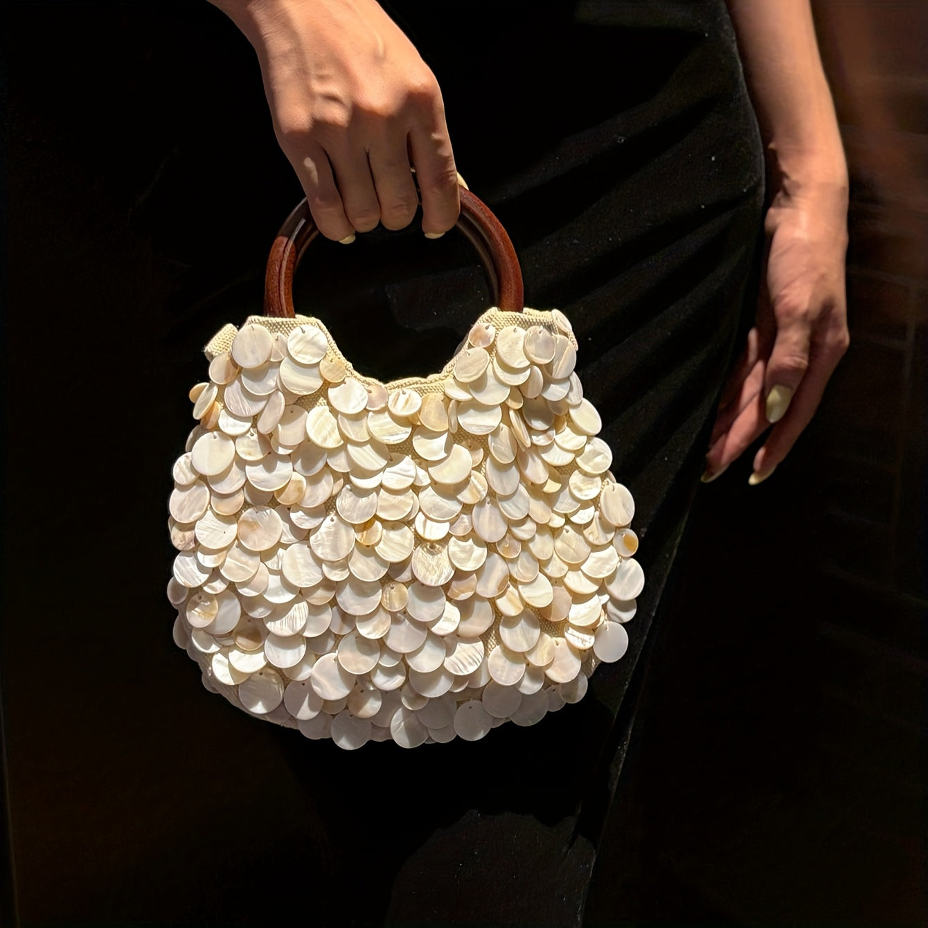 Sparkling White Sequin Clutch Purse with Wood Handle - Shiny Acrylic Glam Handbag for Weddings, Parties, Prom, Daily Wear - No-Closure Open-Top Evening, Blush-Like (No Closure)