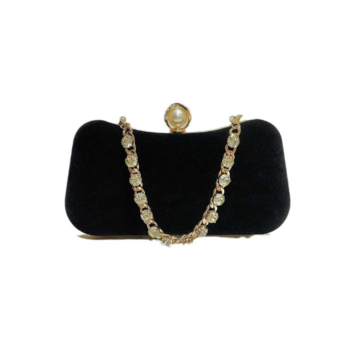 A Champagne Golden Evening Bag with an Arc Shape, Adorned with Rhinestones, Can Be Held by Hand Or Worn Cross-Body, Perfect for Formal Events