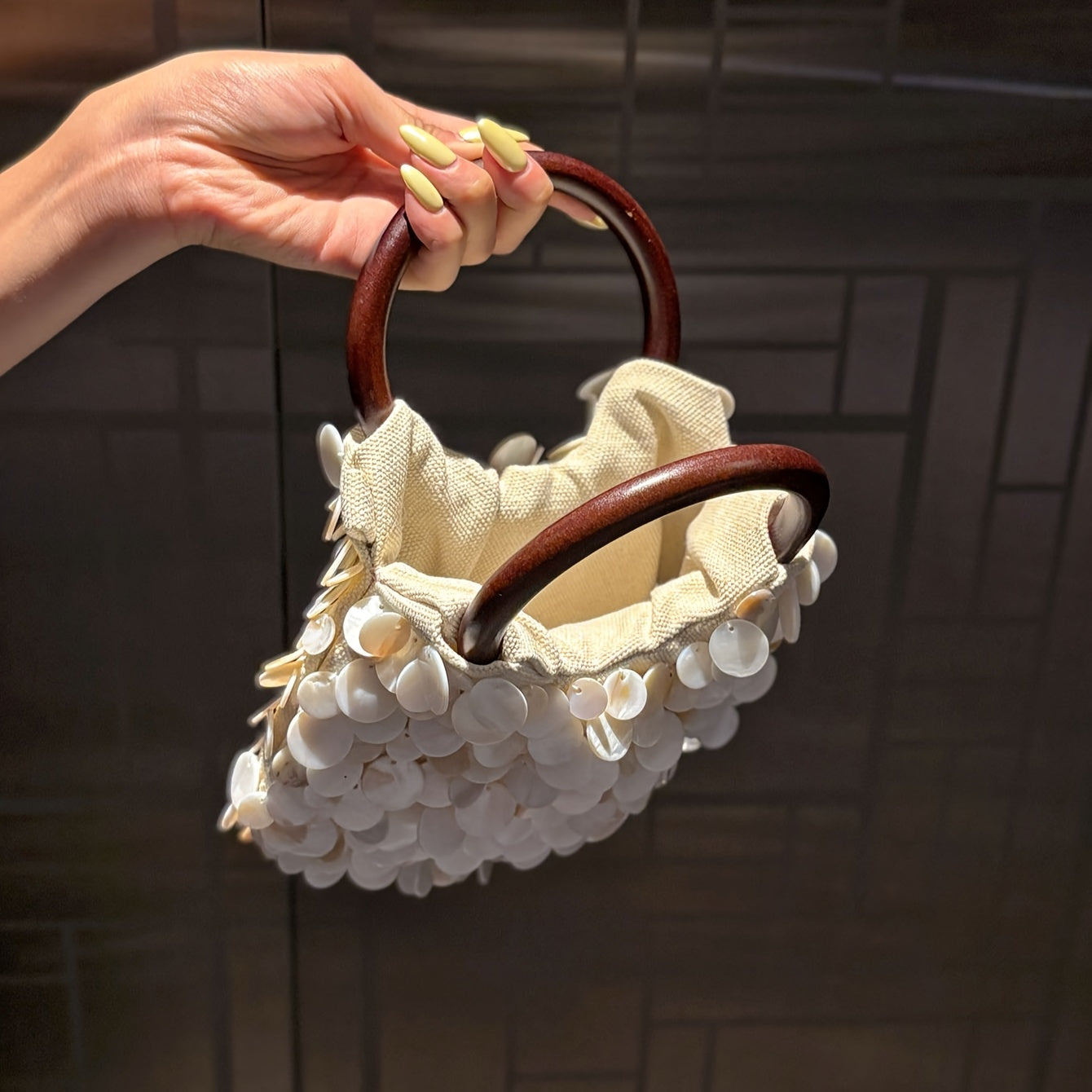 Sparkling White Sequin Clutch Purse with Wood Handle - Shiny Acrylic Glam Handbag for Weddings, Parties, Prom, Daily Wear - No-Closure Open-Top Evening, Blush-Like (No Closure)