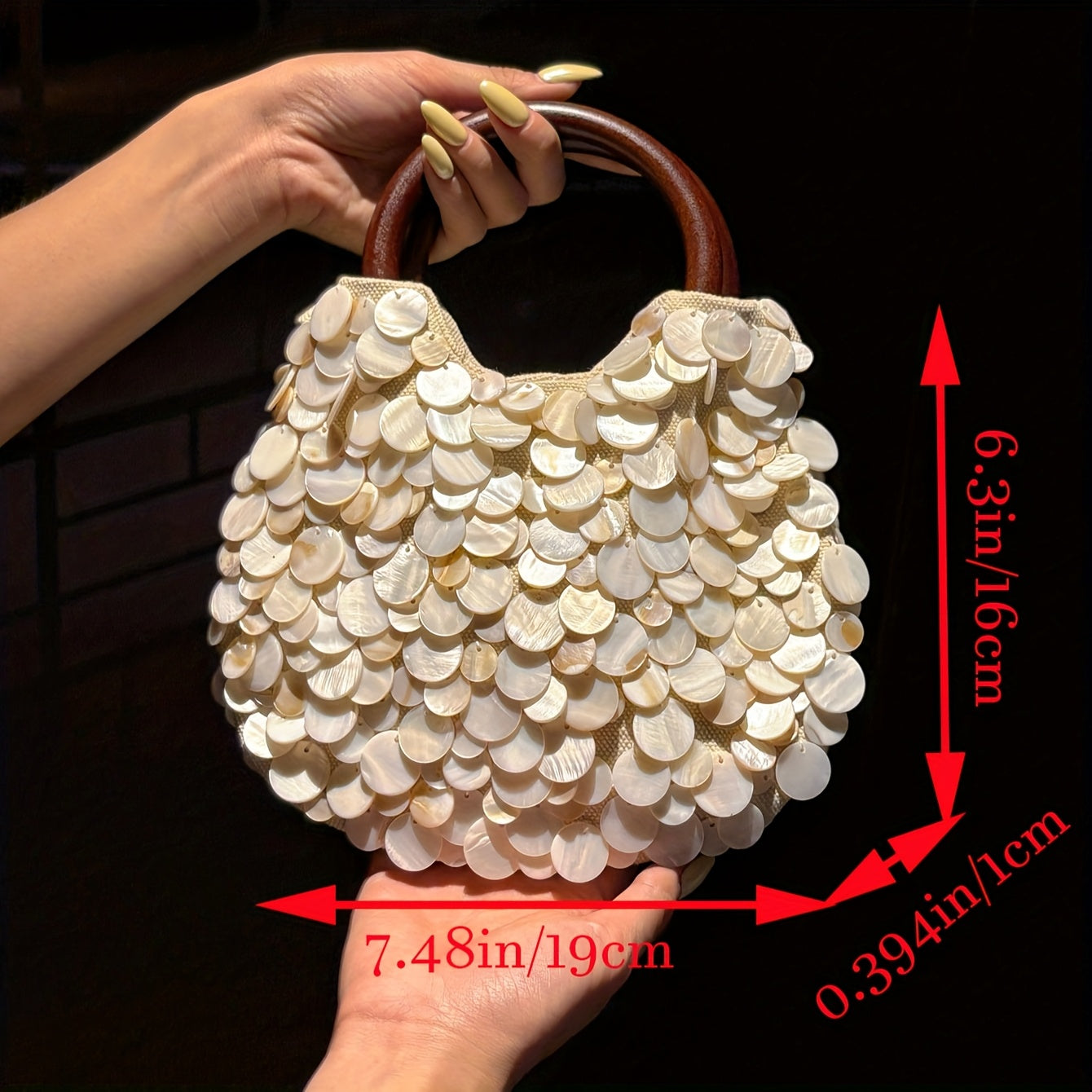 Sparkling White Sequin Clutch Purse with Wood Handle - Shiny Acrylic Glam Handbag for Weddings, Parties, Prom, Daily Wear - No-Closure Open-Top Evening, Blush-Like (No Closure)