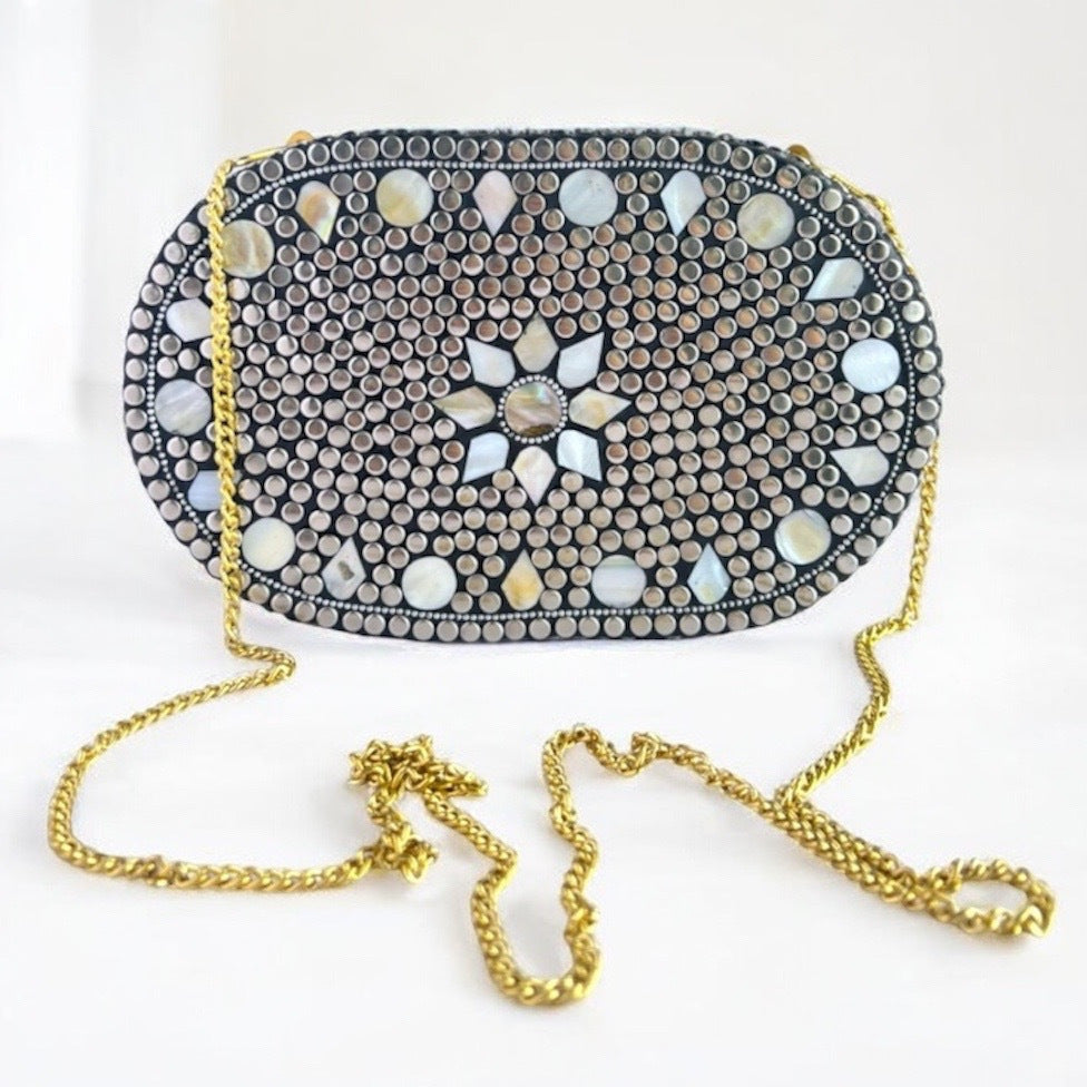Handmade Mosaic Clutch | Silver Evening Bag with Removable Chain | Party Purse for Weddings & Events | Metallic Evening bag