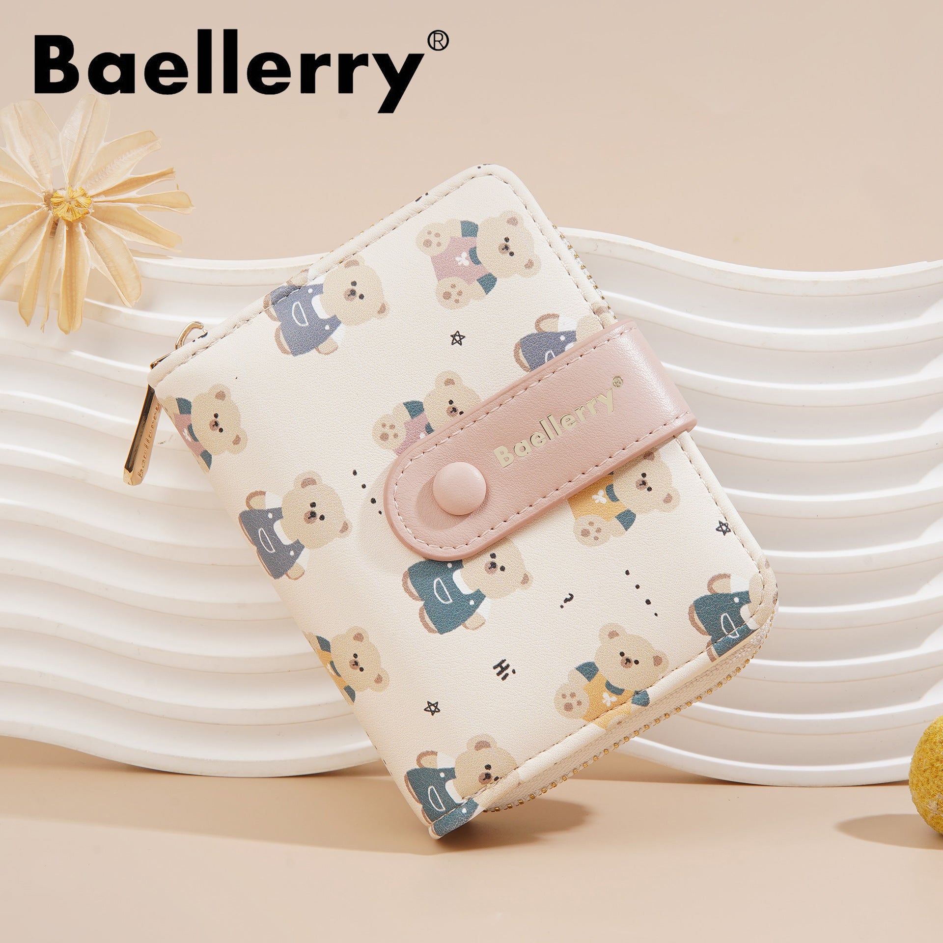 Baellerry Women' Wallet with Bear Print - Short Zipper Coin Purse & Card Holder, Multi-Slot Cash Pocket Suitable for, Travel, Everyday, Compact (\u002F)