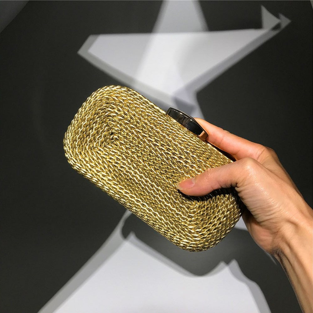 Women Woven Evening Clutch Bag | Handmade Braided Handbag with Golden Chain Strap, Elegant Chain Shoulder Bag for Party, 2026 New Summer Collection, Versatile Daily Tote Bag, Solid Color, Zipper Closure