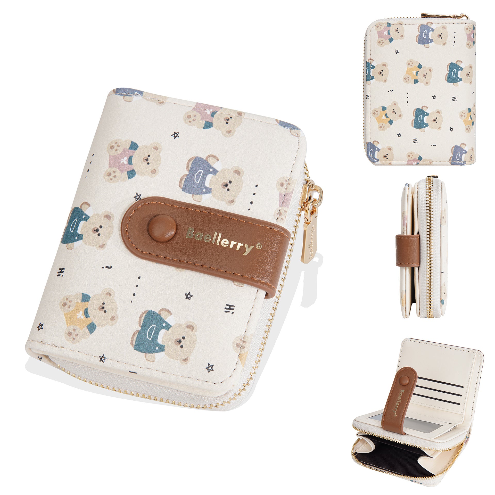 Baellerry Women' Wallet with Bear Print - Short Zipper Coin Purse & Card Holder, Multi-Slot Cash Pocket Suitable for, Travel, Everyday, Compact (\u002F)