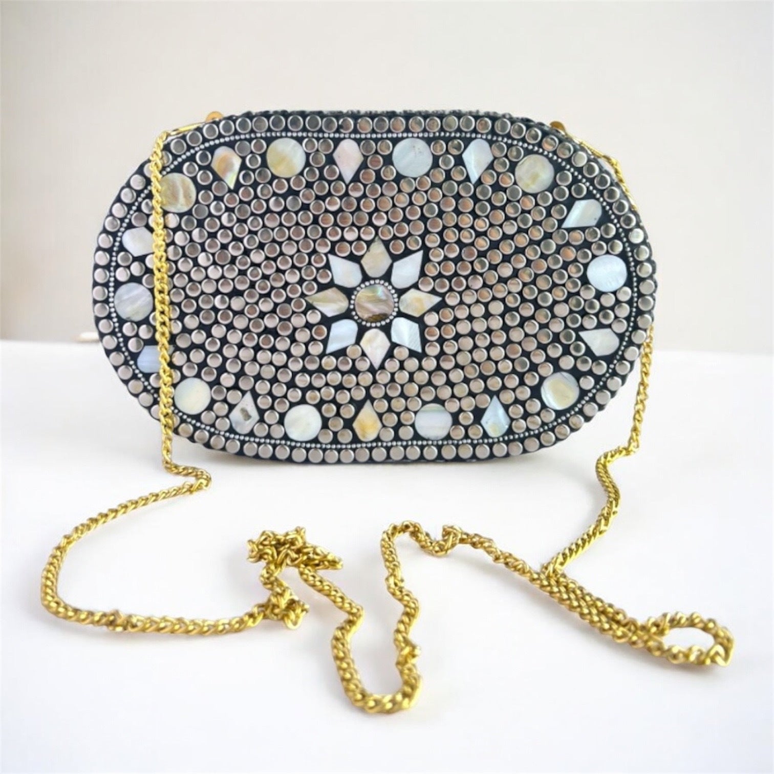 Handmade Mosaic Clutch | Silver Evening Bag with Removable Chain | Party Purse for Weddings & Events | Metallic Evening bag