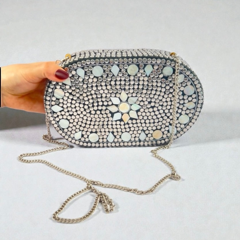 Handmade Mosaic Clutch | Silver Evening Bag with Removable Chain | Party Purse for Weddings & Events | Metallic Evening bag