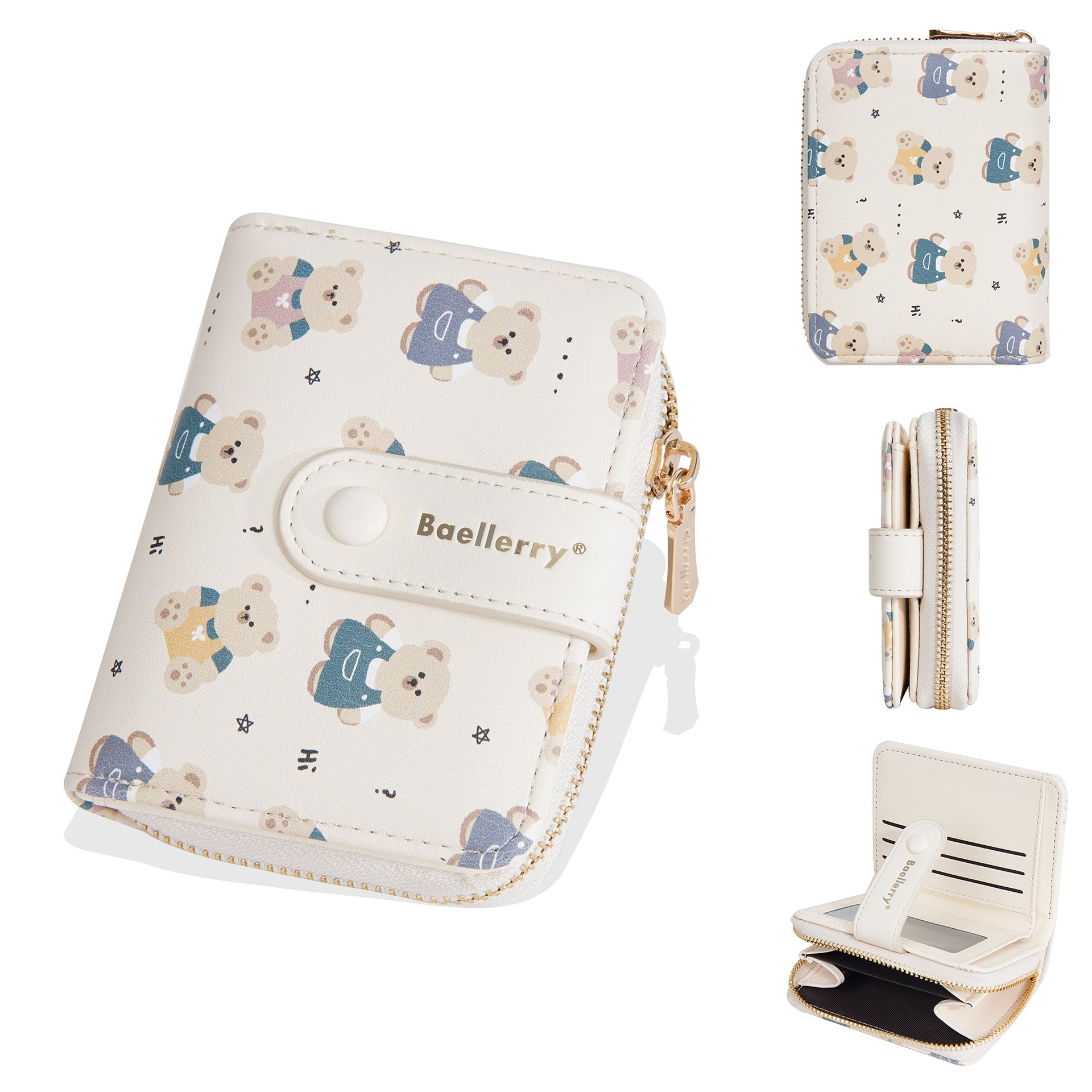 Baellerry Women' Wallet with Bear Print - Short Zipper Coin Purse & Card Holder, Multi-Slot Cash Pocket Suitable for, Travel, Everyday, Compact (\u002F)