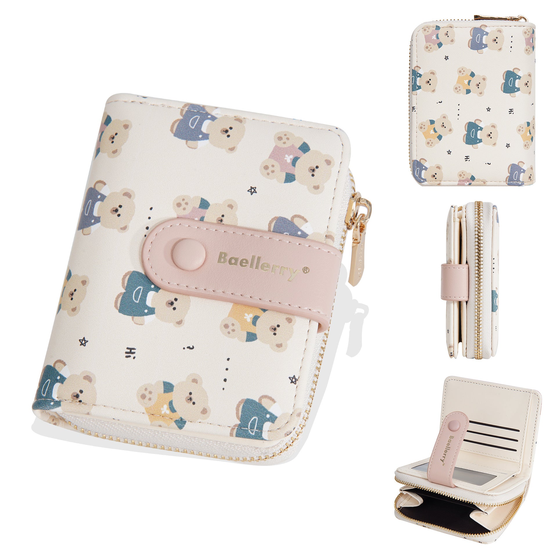 Baellerry Women' Wallet with Bear Print - Short Zipper Coin Purse & Card Holder, Multi-Slot Cash Pocket Suitable for, Travel, Everyday, Compact (\u002F)
