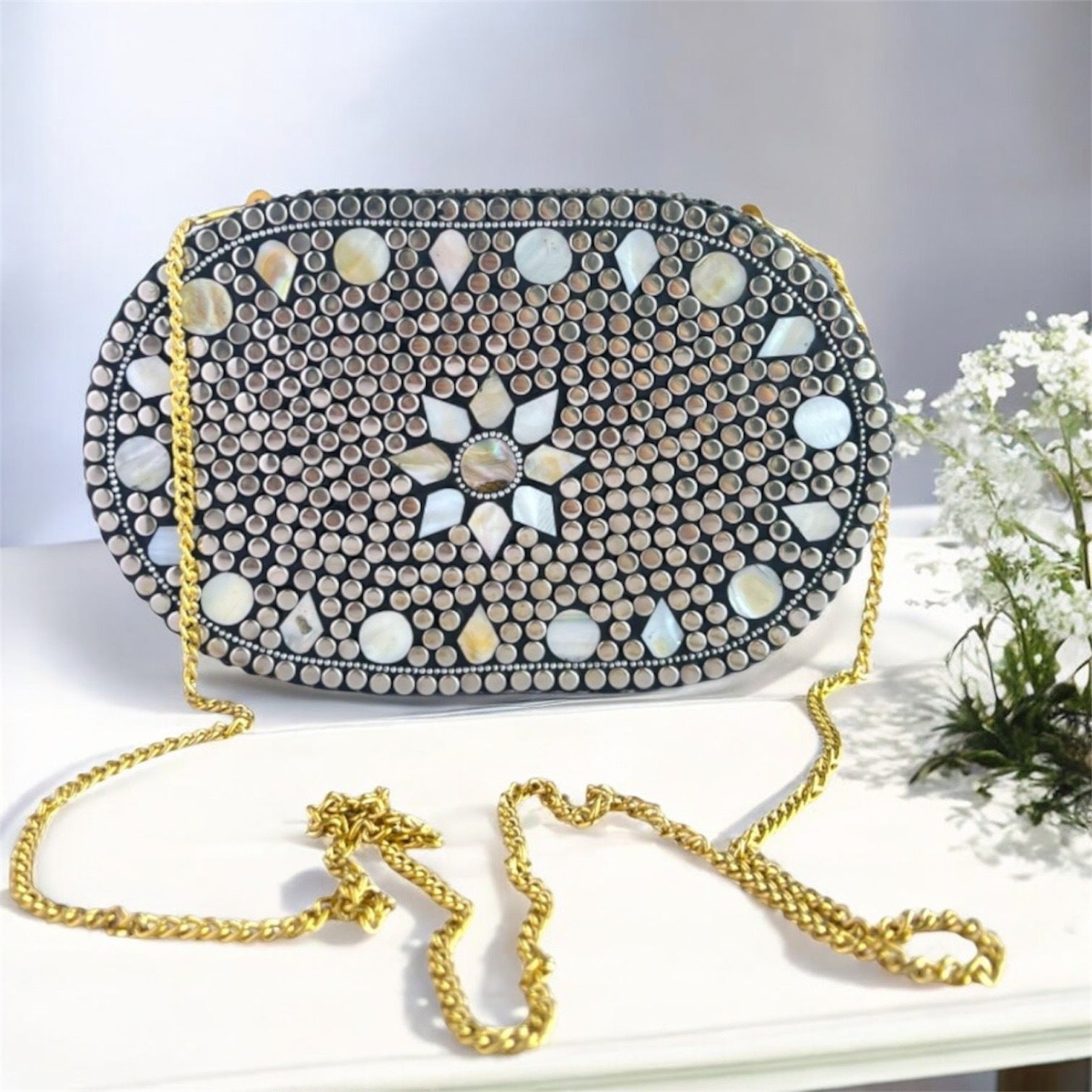 Handmade Mosaic Clutch | Silver Evening Bag with Removable Chain | Party Purse for Weddings & Events | Metallic Evening bag