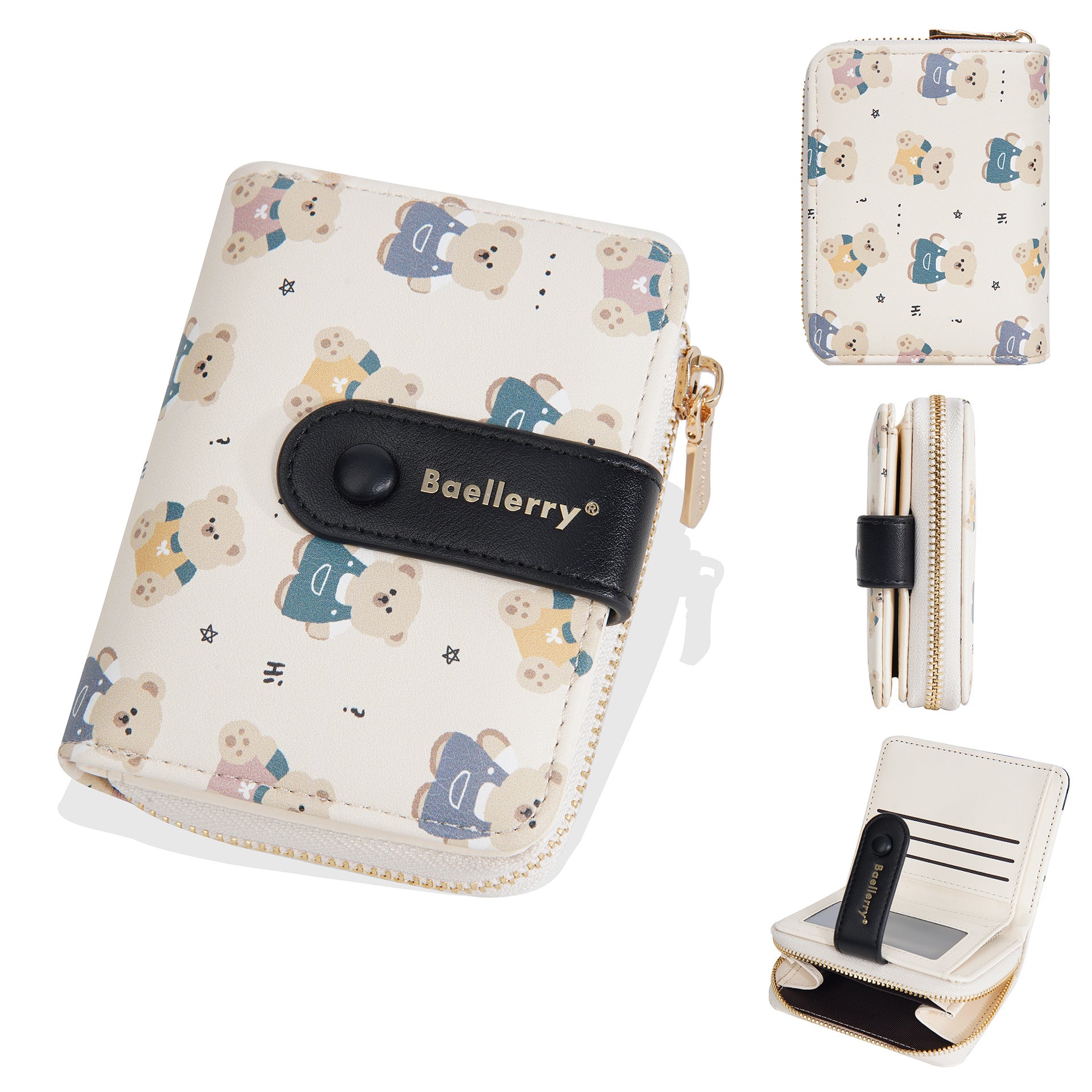 Baellerry Women' Wallet with Bear Print - Short Zipper Coin Purse & Card Holder, Multi-Slot Cash Pocket Suitable for, Travel, Everyday, Compact (\u002F)