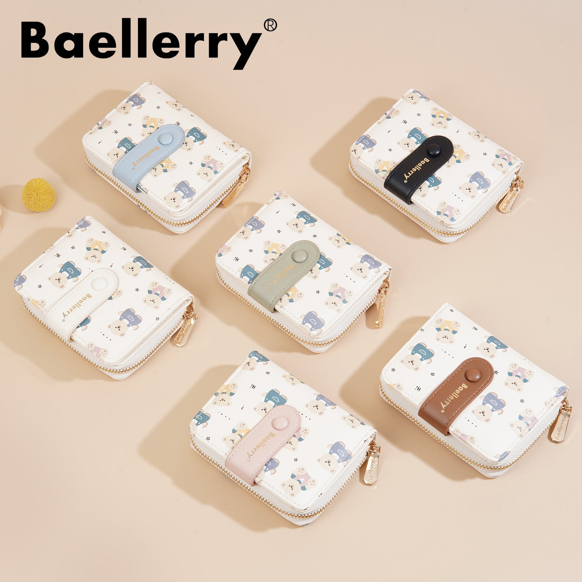 Baellerry Women' Wallet with Bear Print - Short Zipper Coin Purse & Card Holder, Multi-Slot Cash Pocket Suitable for, Travel, Everyday, Compact (\u002F)