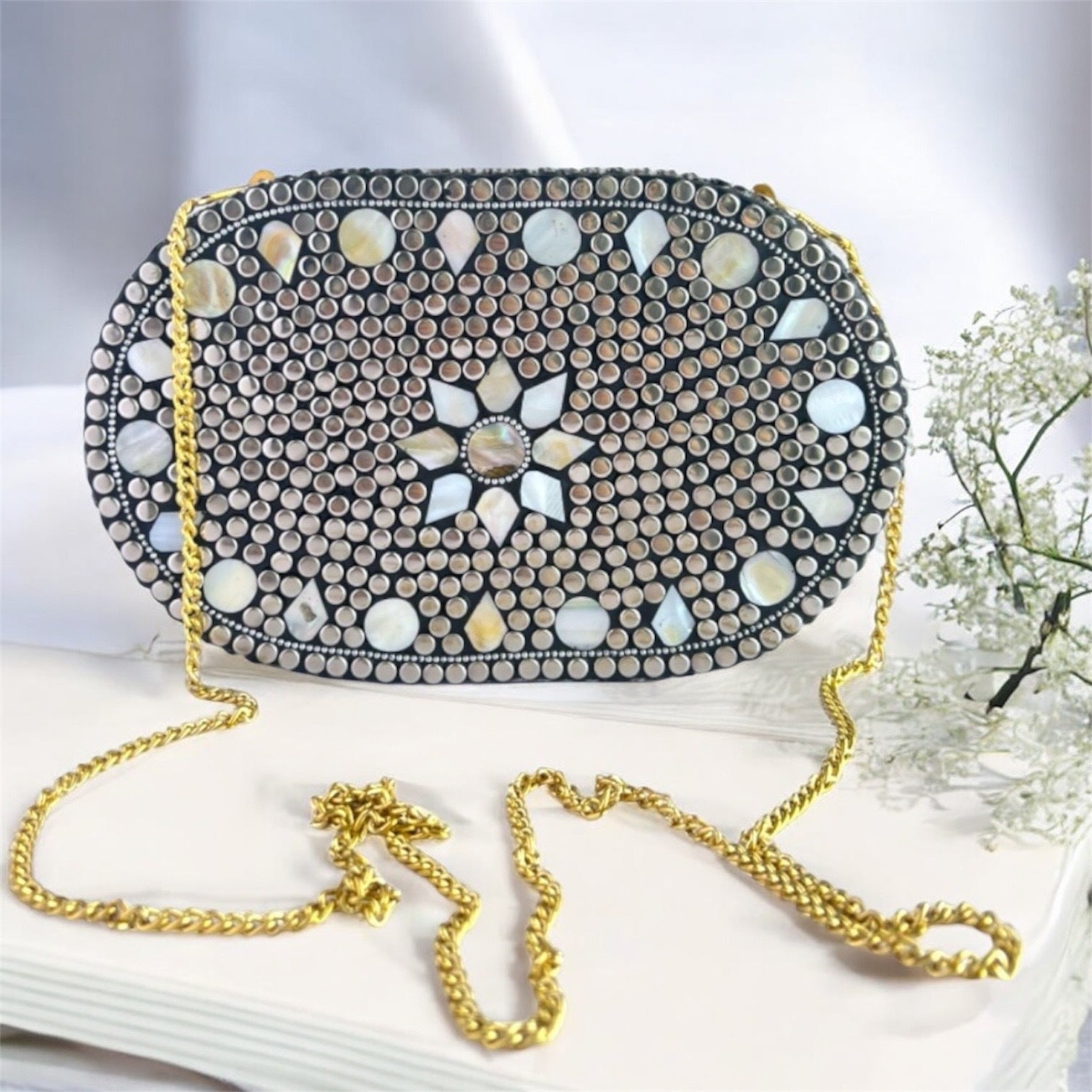 Handmade Mosaic Clutch | Silver Evening Bag with Removable Chain | Party Purse for Weddings & Events | Metallic Evening bag