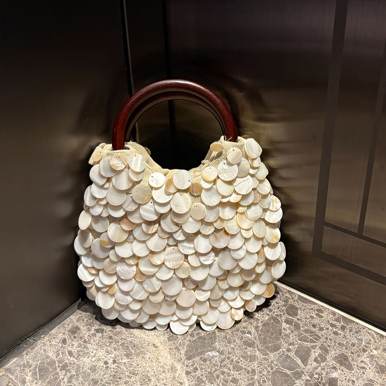 Sparkling White Sequin Clutch Purse with Wood Handle - Shiny Acrylic Glam Handbag for Weddings, Parties, Prom, Daily Wear - No-Closure Open-Top Evening, Blush-Like (No Closure)