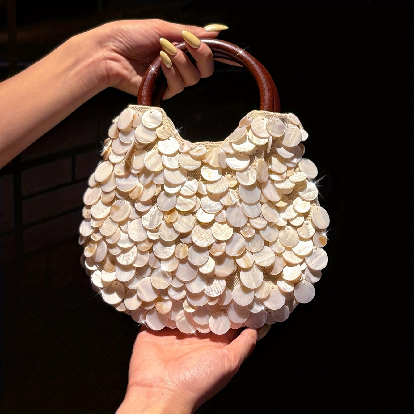 Sparkling White Sequin Clutch Purse with Wood Handle - Shiny Acrylic Glam Handbag for Weddings, Parties, Prom, Daily Wear - No-Closure Open-Top Evening, Blush-Like (No Closure)